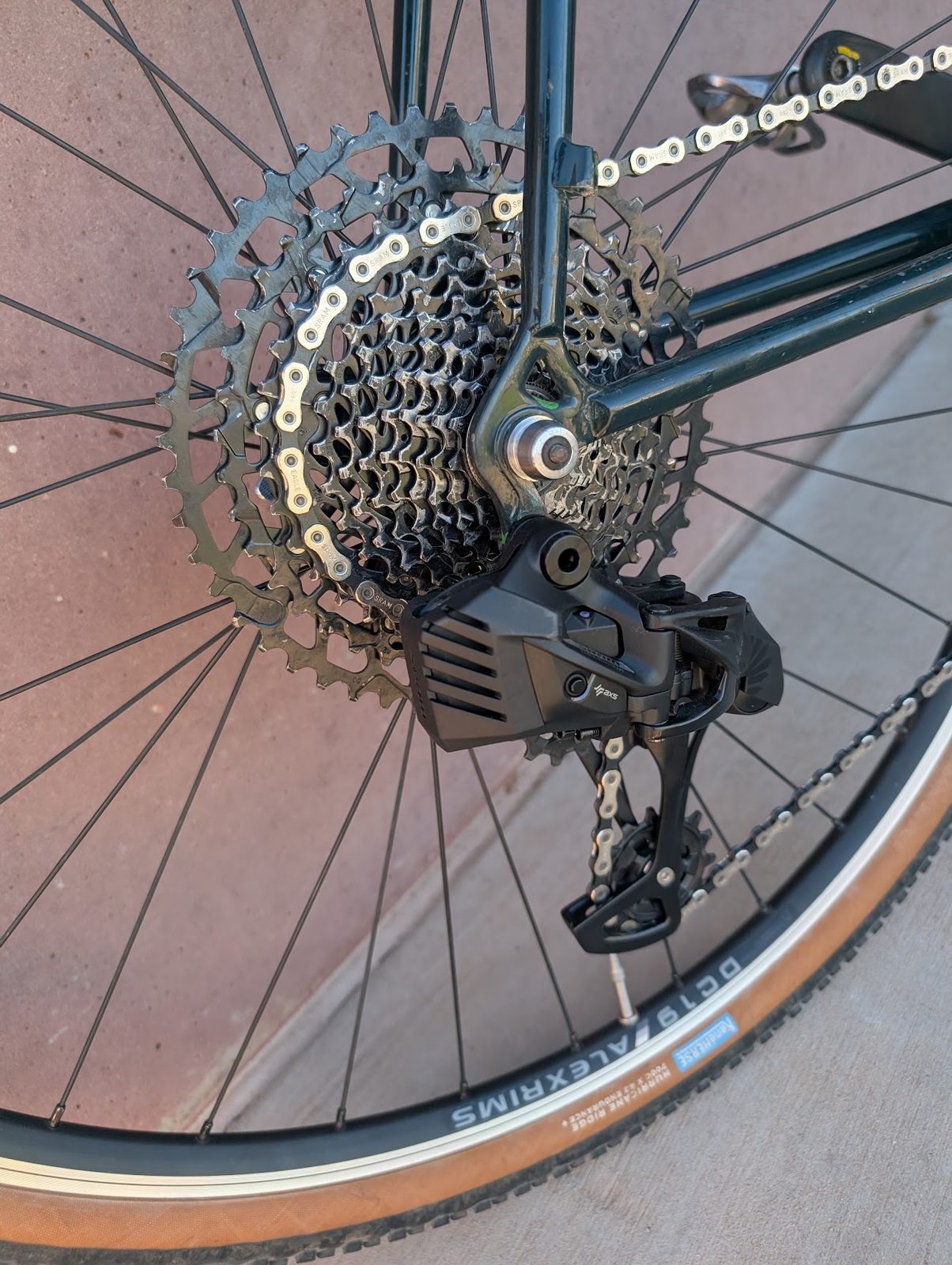 Close-up of the SRAM S500 AXS derailleur and 12-speed cassette