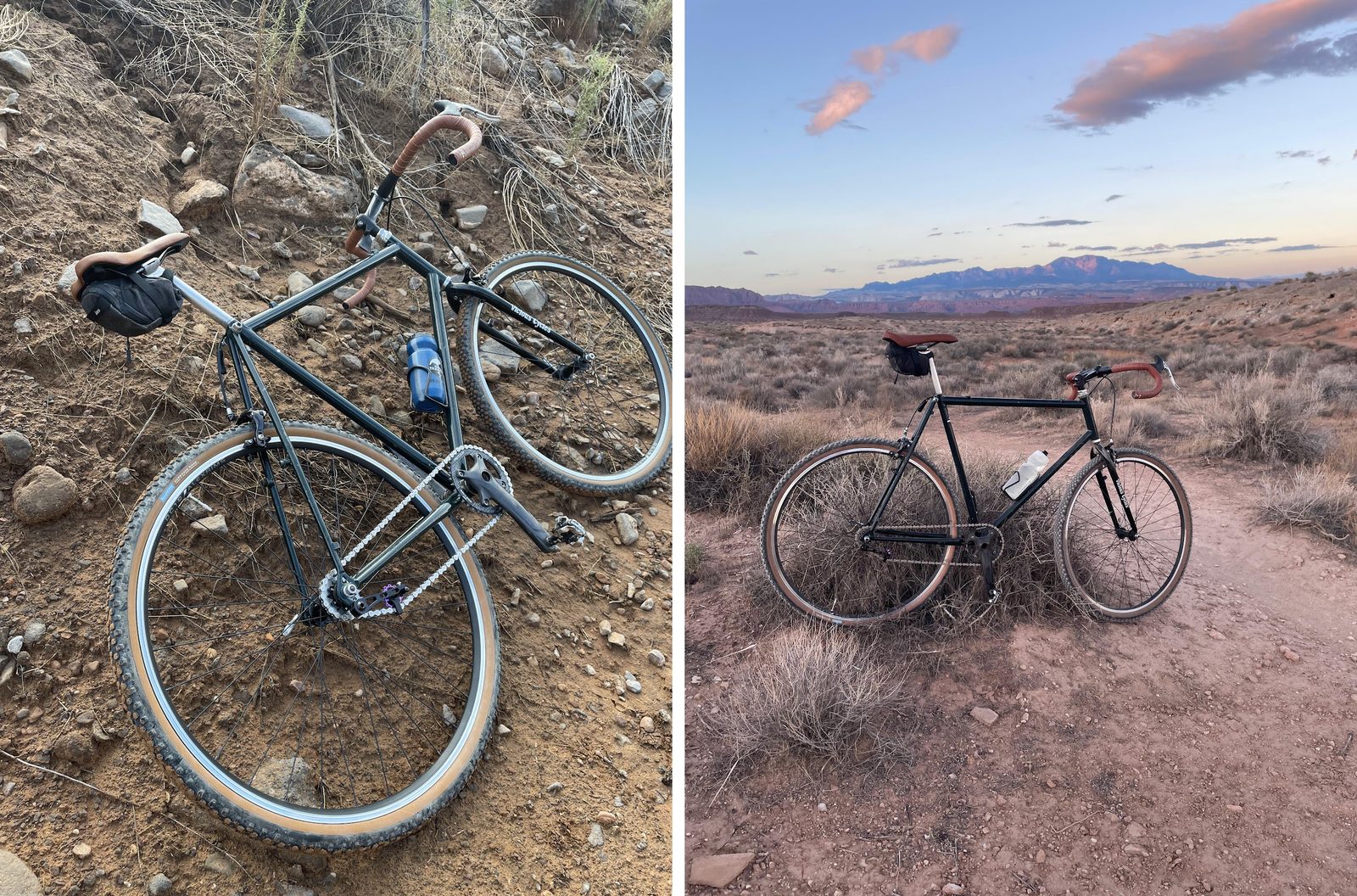 Two photos side by side: the bike lying on a rocky trail, and the bike standing in the desert at sunset